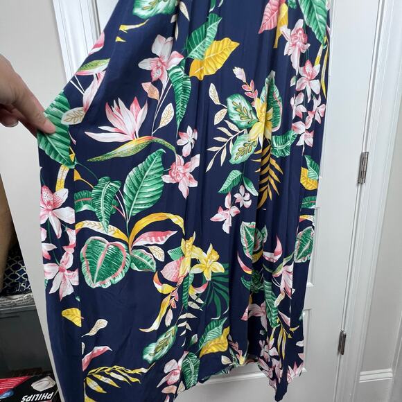 EUC Old Navy Viscose Navy Blue Botanical TROPICAL V-Neck Maxi Shift Dress Large - Picture 5 of 12